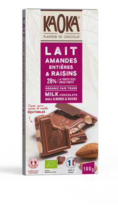 Chocolat Lait Amandes Entières & Raisins bio équitable